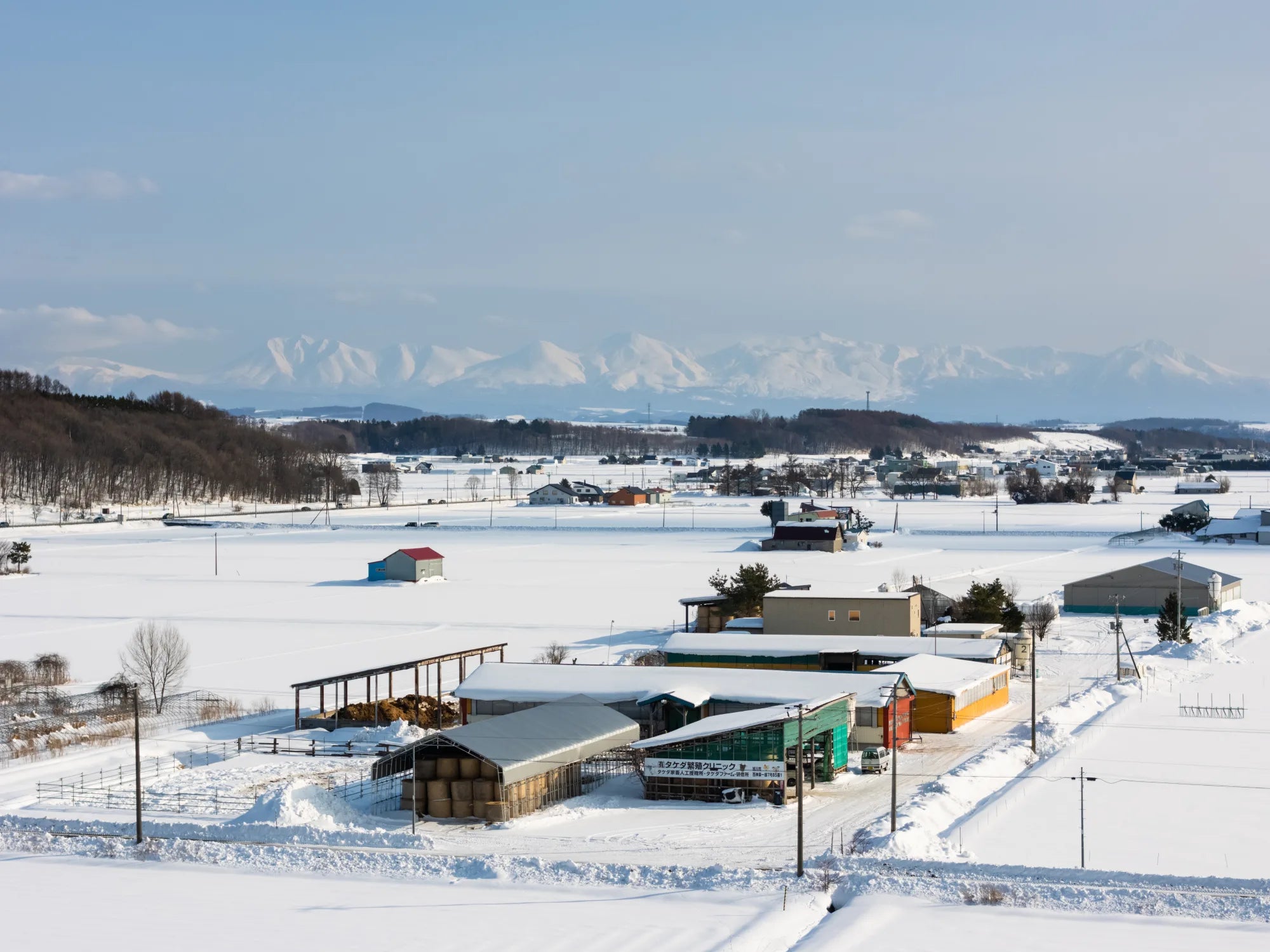 A drone photo of Takeda Farm in the foreground and the expansive Daisetsuzan mountain range in the background.